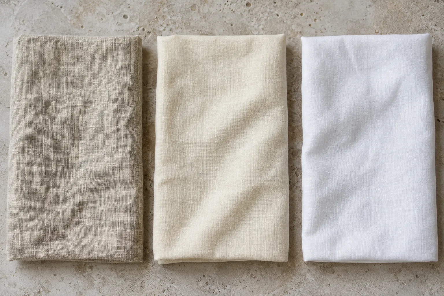 Muted ecru linen, warm cream cotton, and bright white cotton swatches side by side